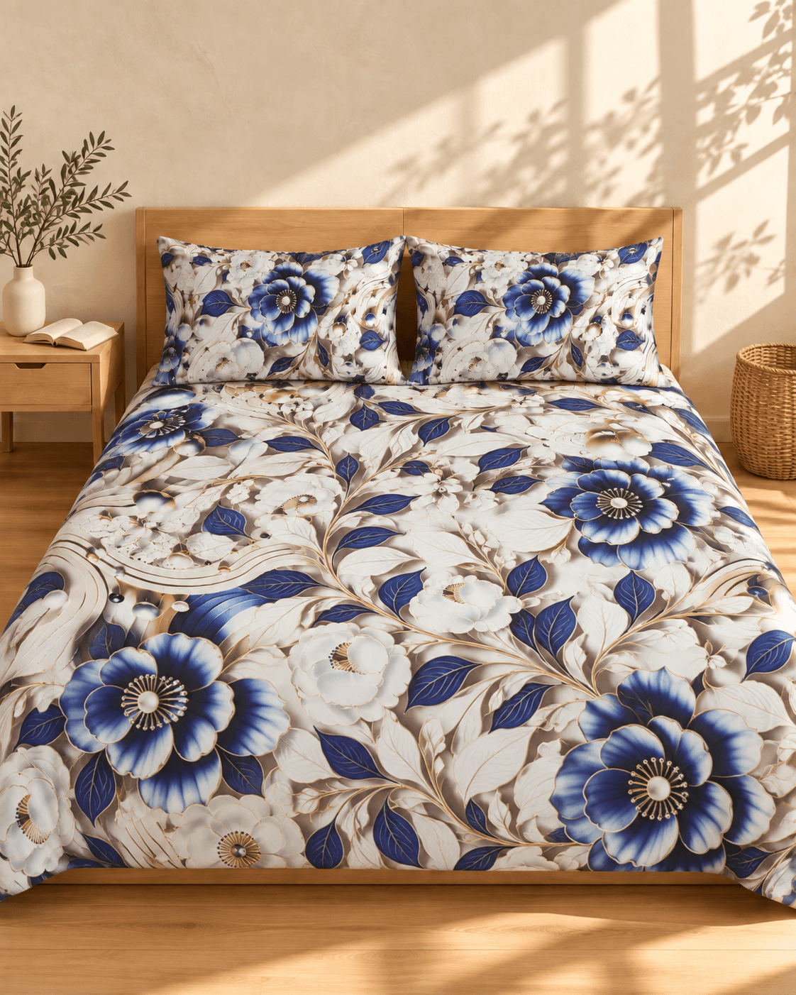 Blue & White Floral 3D Printed Bedsheet
