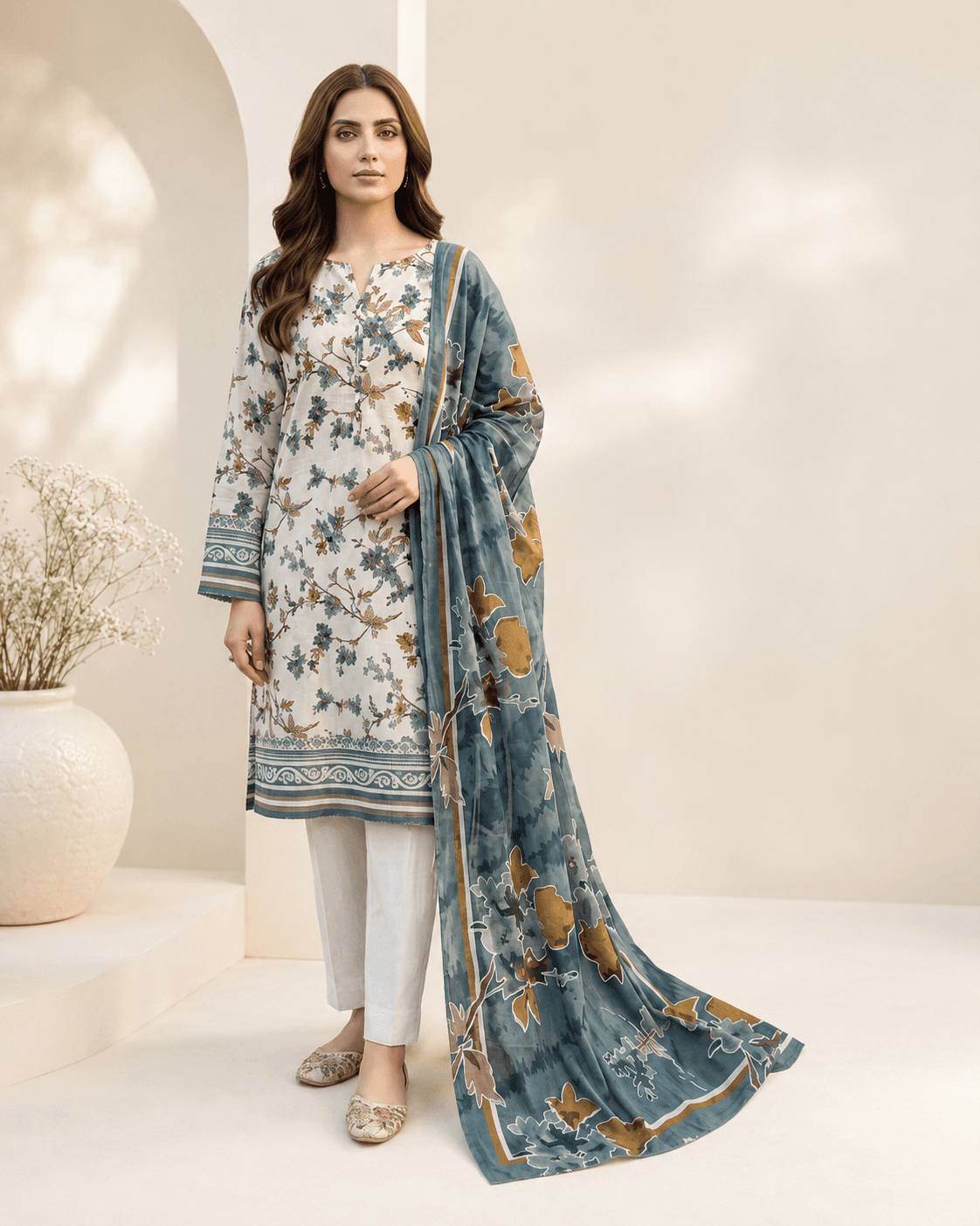 3-piece Ivory / Teal Blue print