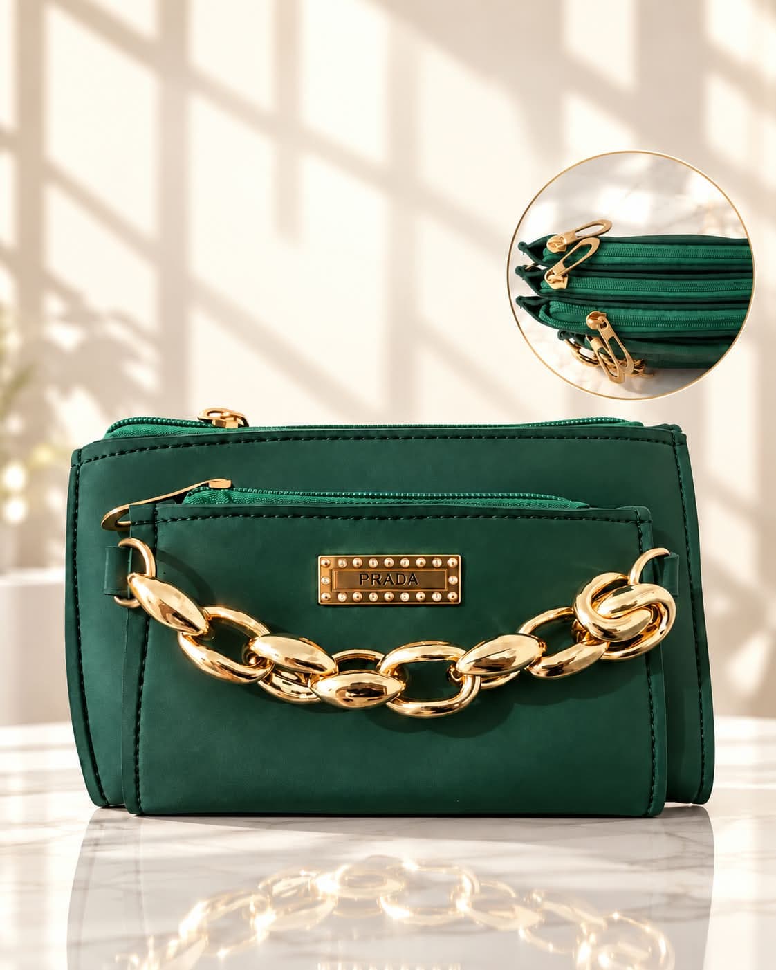 Emerald Green Multi-Compartment Chain Clutch