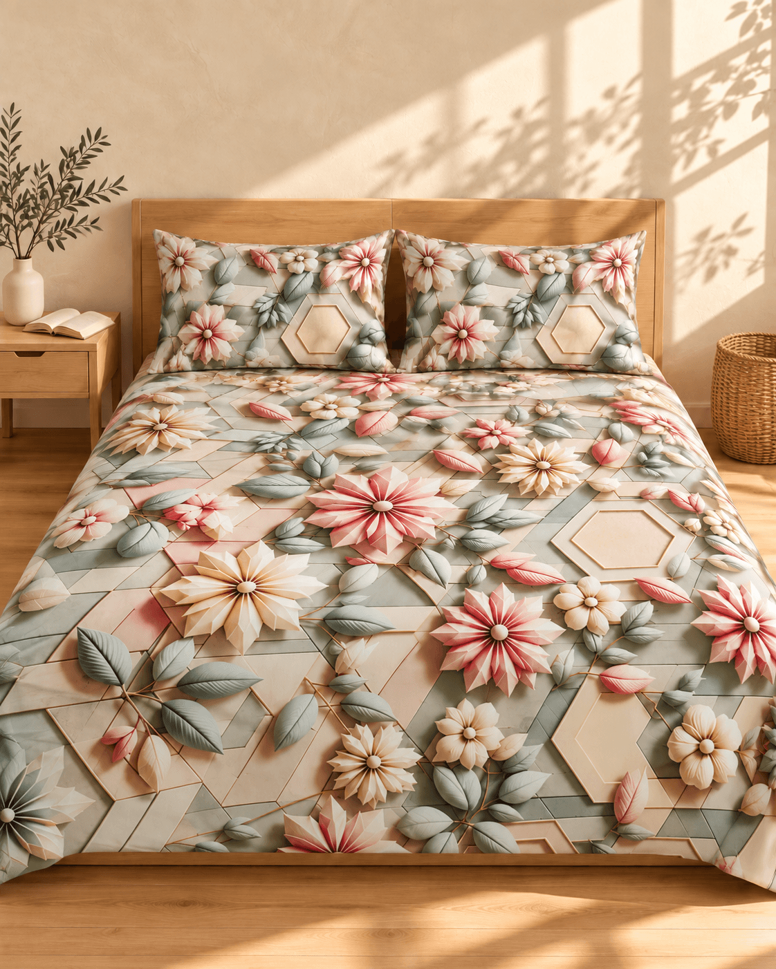 Pastel Floral Geometric 3D Bedsheet