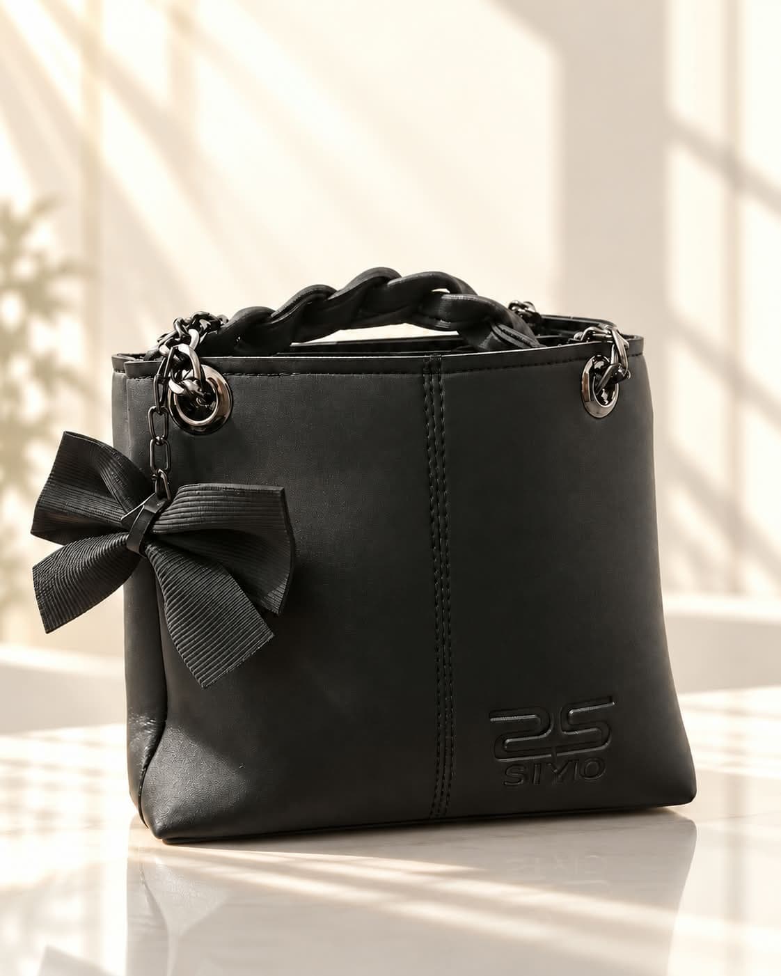 Black Braided-Handle Handbag