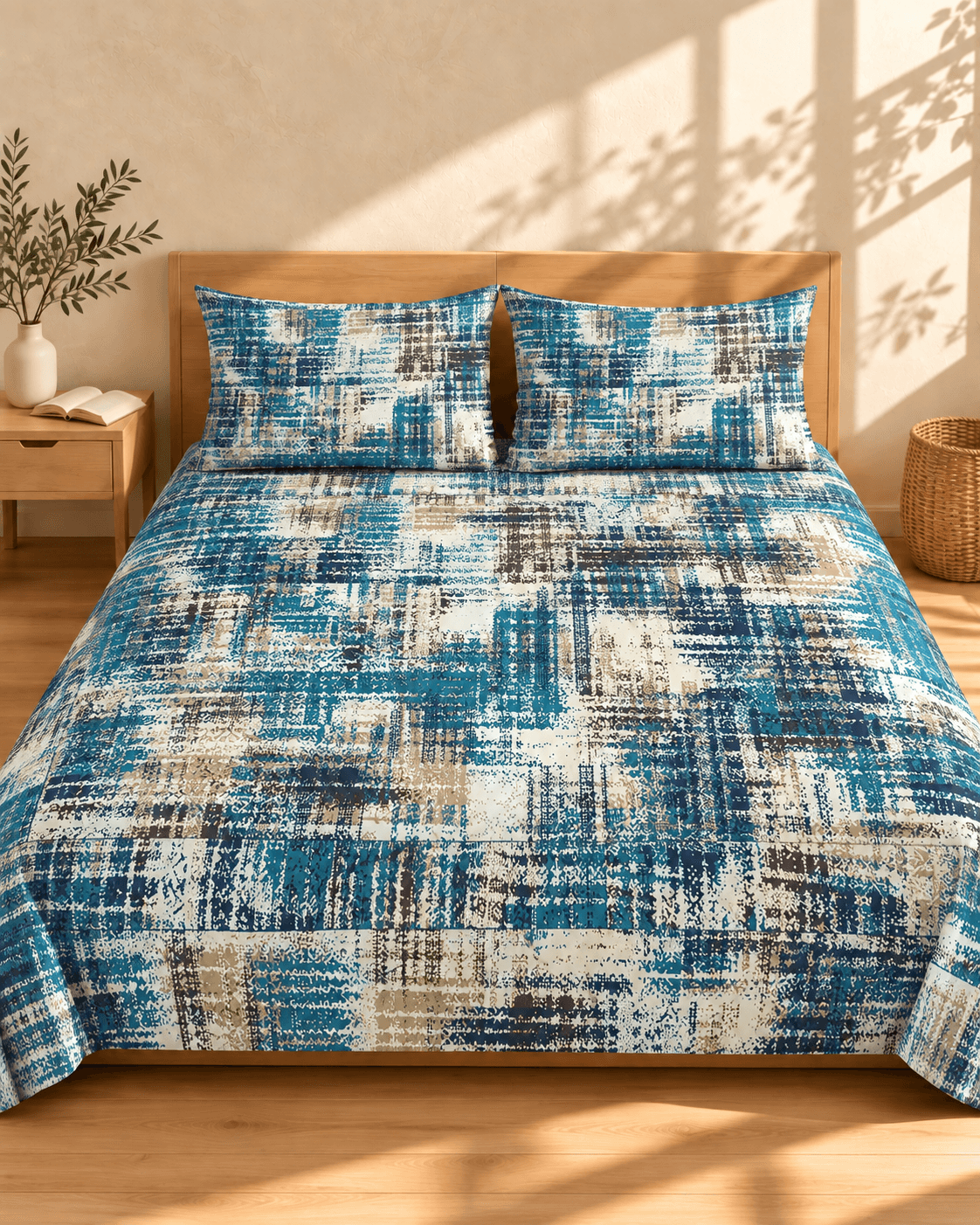 Teal Abstract Patchwork Cotton Bedsheet